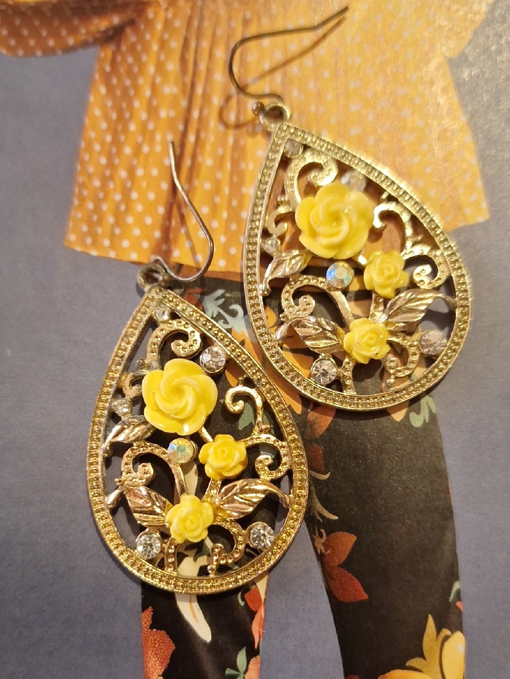 Vintage Gold Teardrop Earrings with Yellow Rose Accents